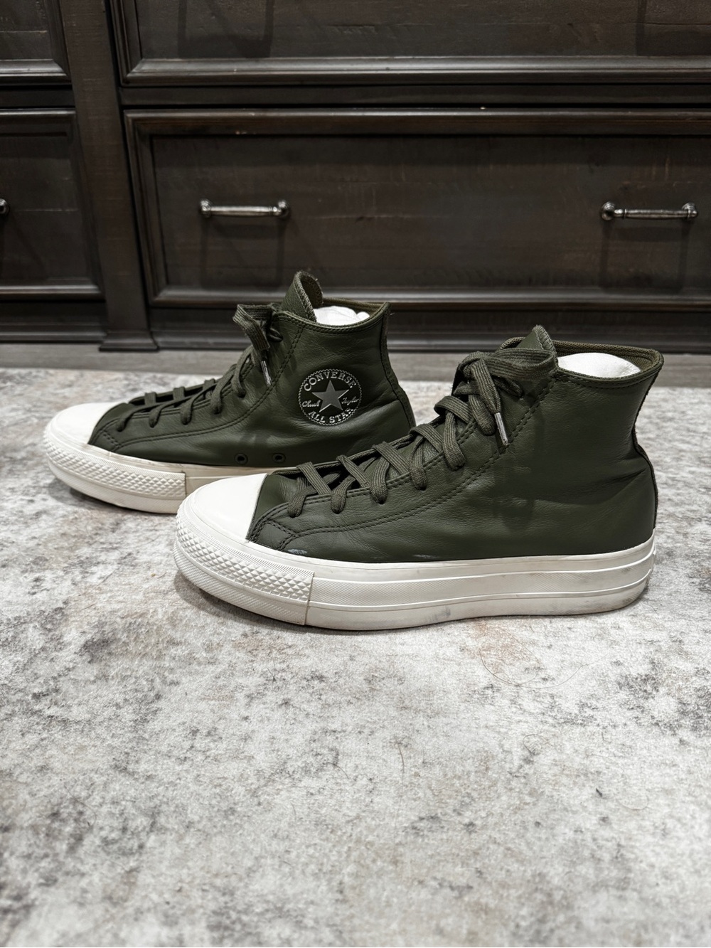Converse High Top Platform Sneakers in Olive Green and White - Picture 2 of 6